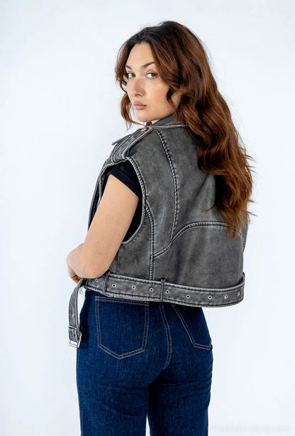Vestă Biker Scurtă cu Aspect Washed (S-L)