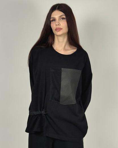 Bluză Neagră cu Șnur Lateral și Buzunar Texturat (S-XL)