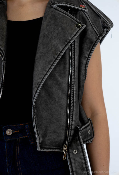 Vestă Biker Scurtă cu Aspect Washed (S-L)