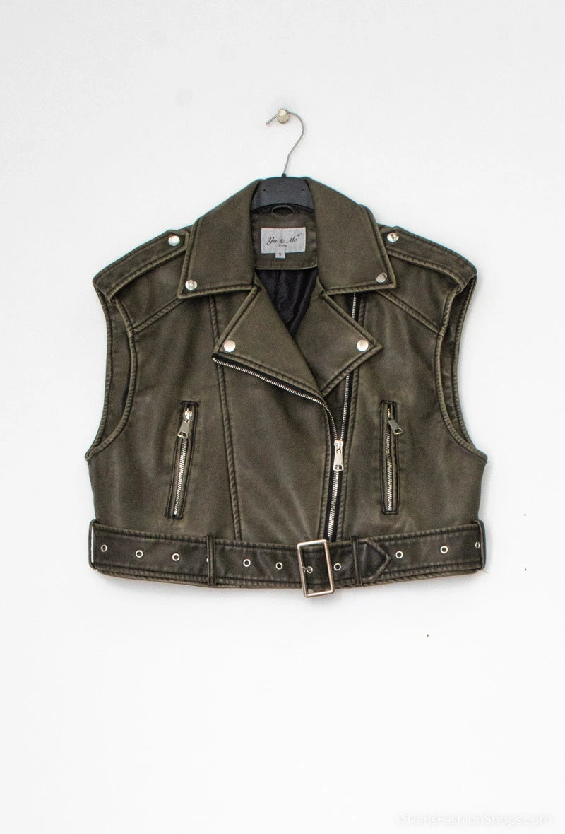 Vestă Biker Cropped din Piele Ecologică Gri | Qarma Selection