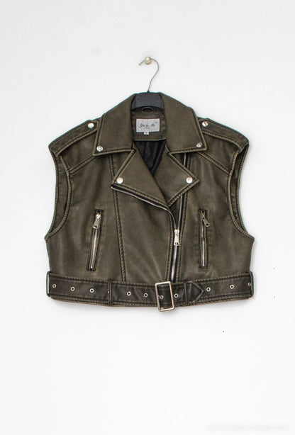 Vestă Biker Scurtă cu Aspect Washed (S-L)