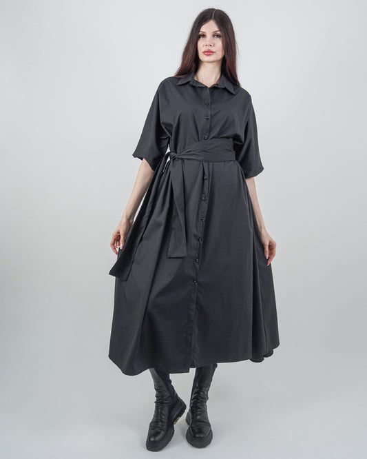 Rochie-Cămașă Neagră cu Mânecă Raglan (S-XL)