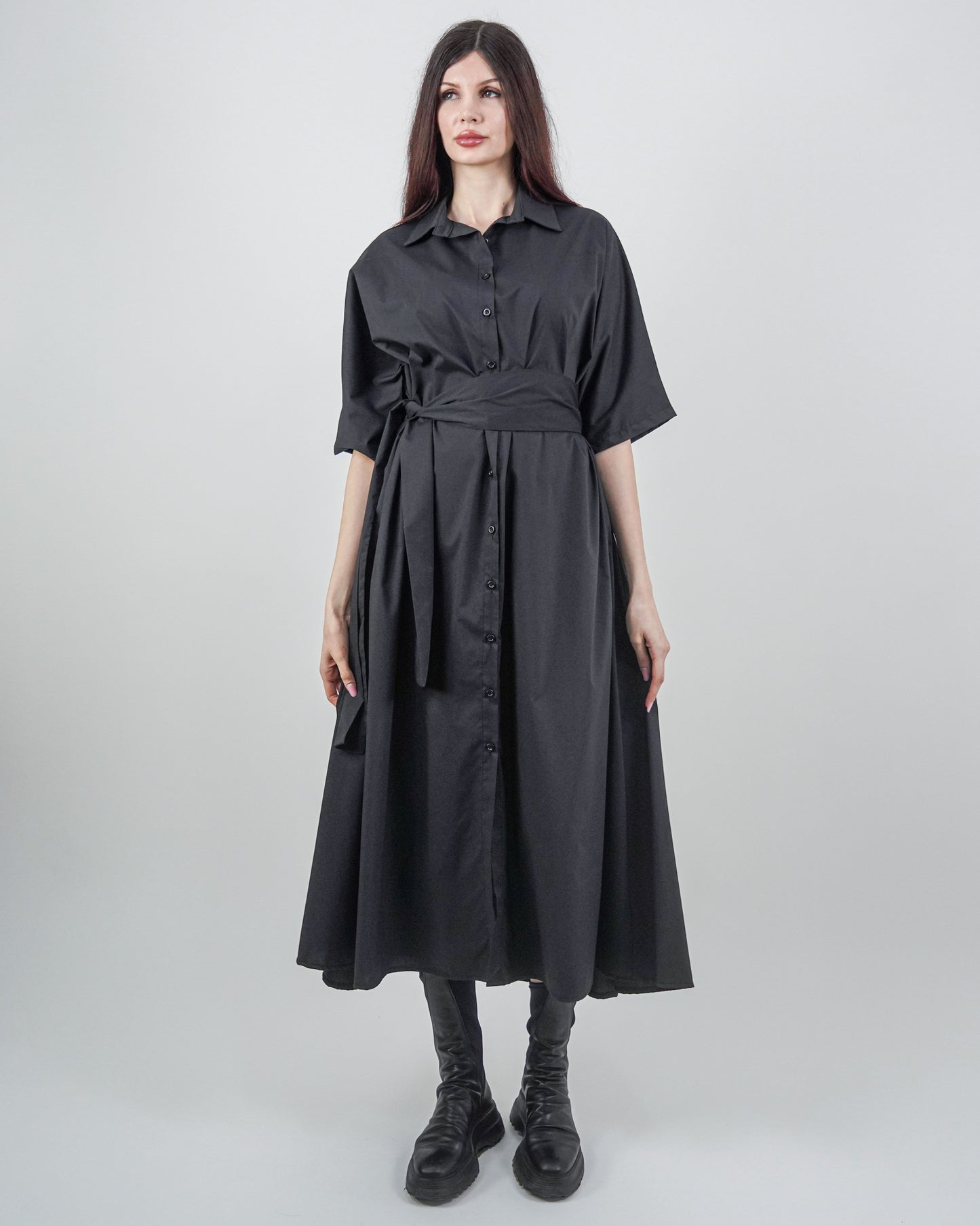 Rochie-Cămașă Neagră cu Mânecă Raglan (S-XL)