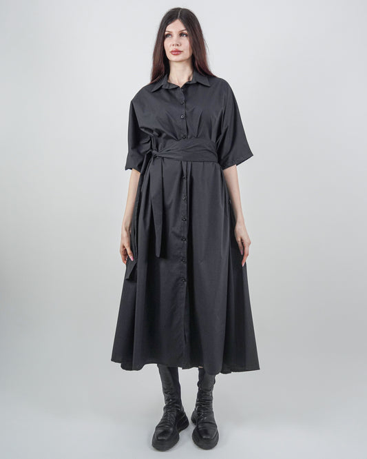 Rochie-Cămașă Neagră cu Mânecă Raglan (S-XL)
