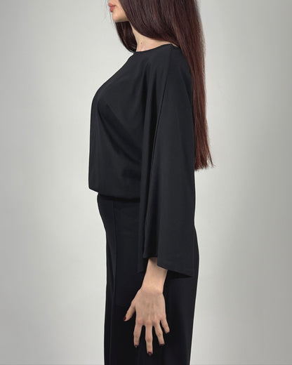 Bluză Neagră cu Șnur și Mâneci Evazate (S-XL)