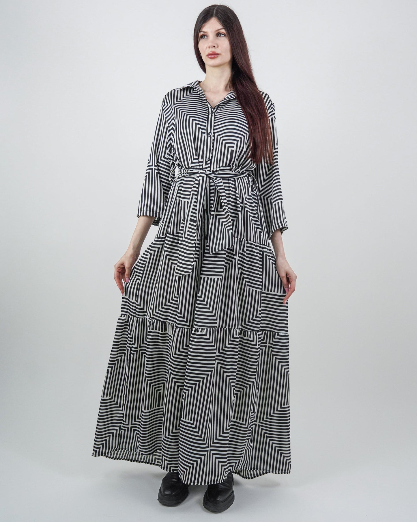 Rochie-Cămașă cu Volane și Model Geometric (S-XL)