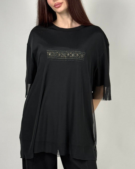 Tricou Negru Stratificat cu Tulle și Broderie | Talie Unică | Qarma