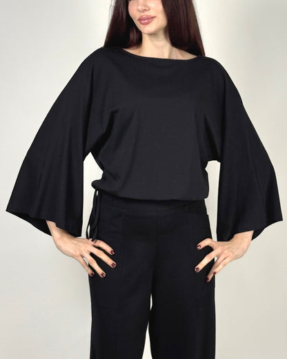 Bluză Neagră cu Șnur și Mâneci Evazate (S-XL)