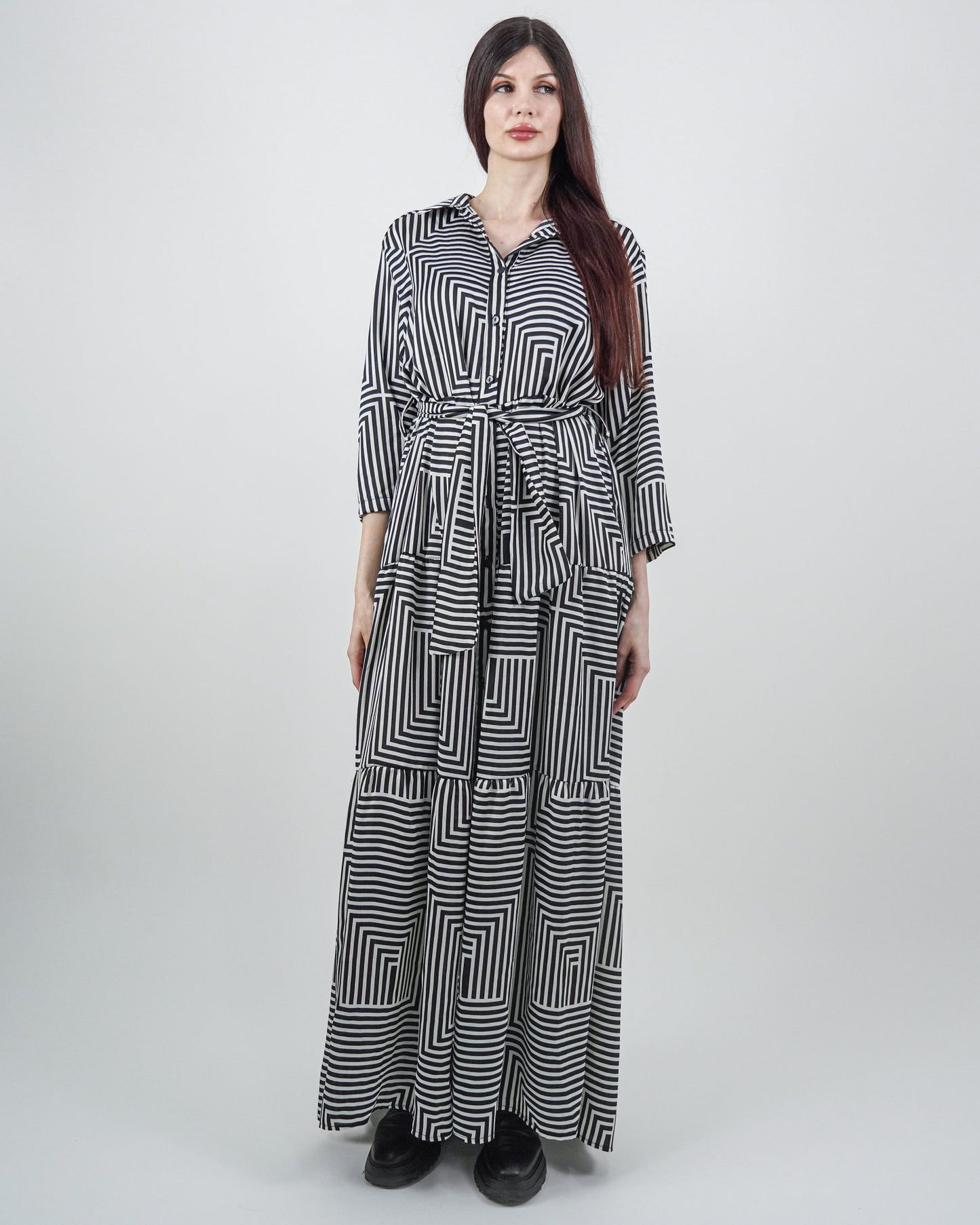 Rochie-Cămașă cu Volane și Model Geometric (S-XL)