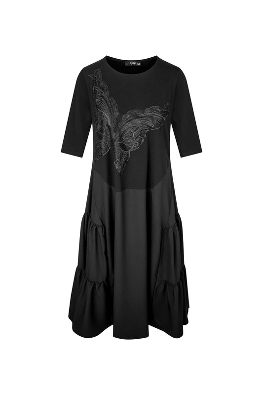 Rochie neagra cu volane laterale si aplicatie - fluture