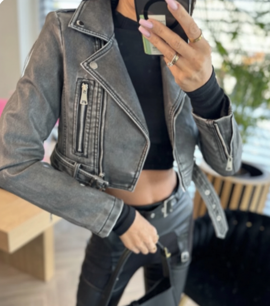 Geacă Biker Cropped Gri cu Aspect Prespălat | Qarma Selection