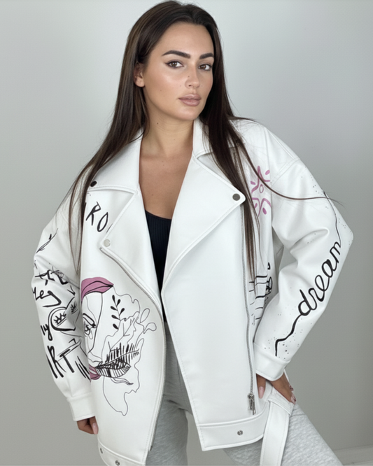 Geacă albă Biker Oversized cu Print Artistic | Qarma Selection