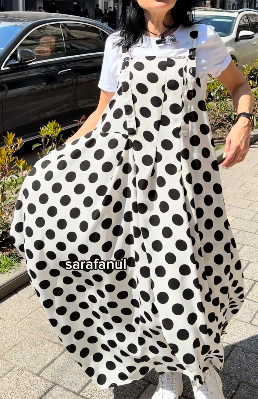 Sarafan Arhitectural Alb cu Buline Negre (S-XL)