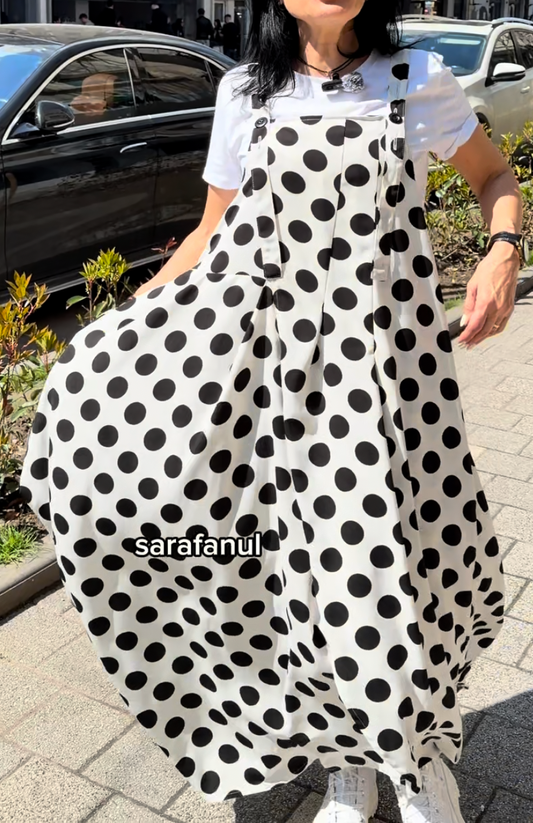 Sarafan Arhitectural Alb cu Buline Negre (S-XL)