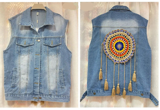 Vestă din Denim cu Aplicație Crochet Boho și Ciucuri (S-XL)