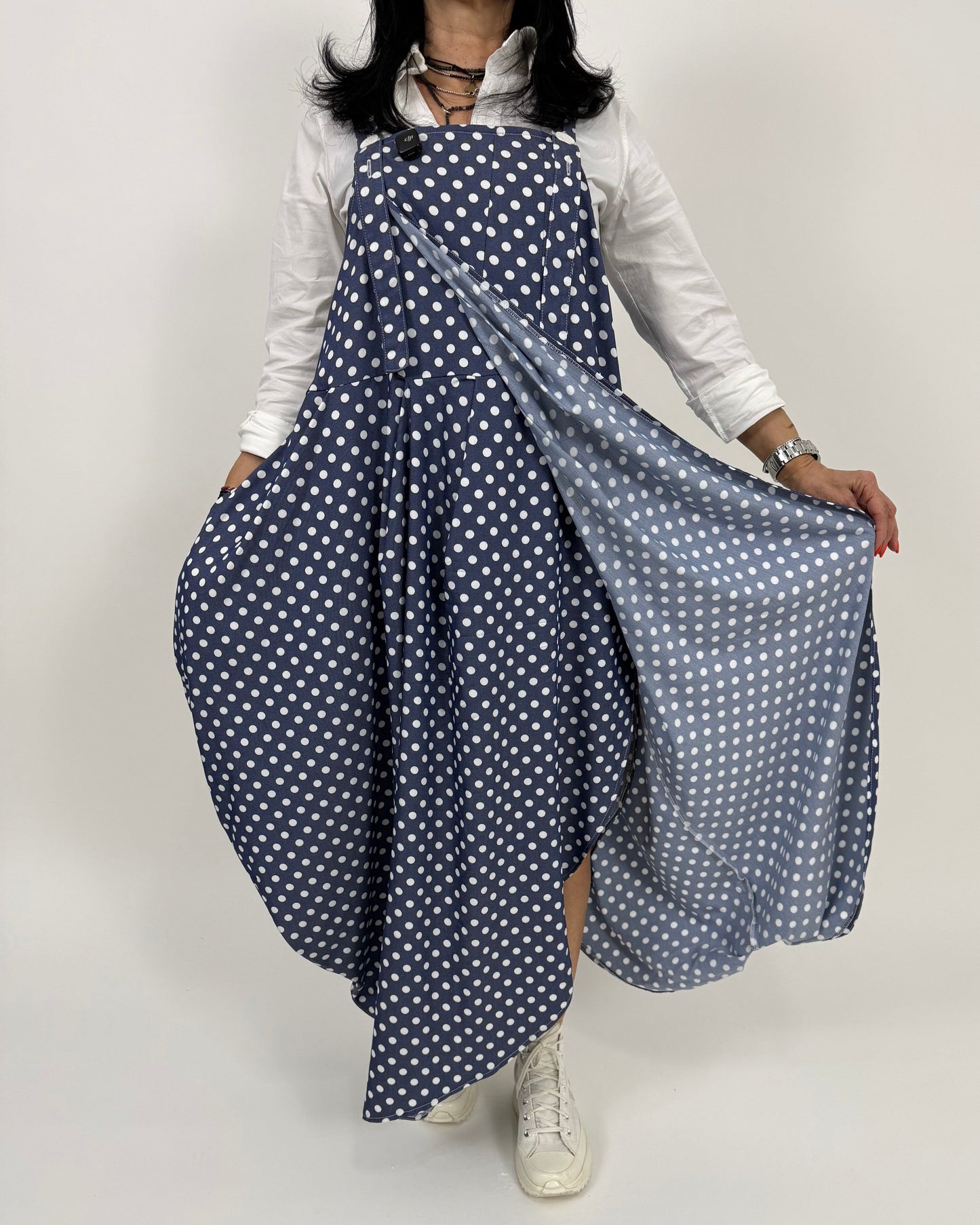 Sarafan Arhitectural Albastru cu Buline (S-XL)