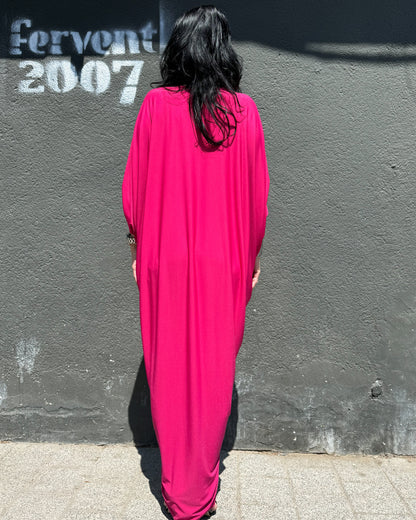 Rochie Maxi Kaftan Roz Cyclam cu Drapaj Central și Broșă (S-XL)