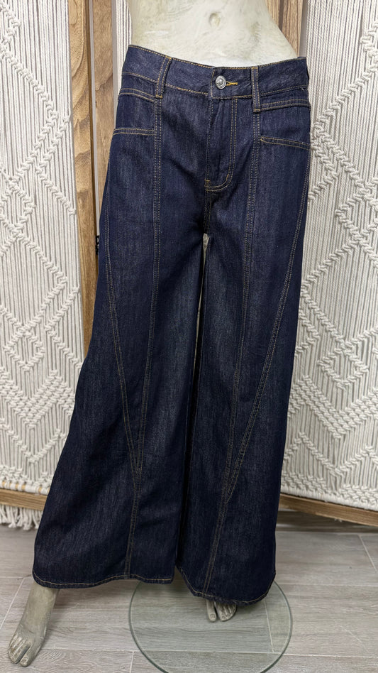 Blugi wide-leg cu cusaturi decorative