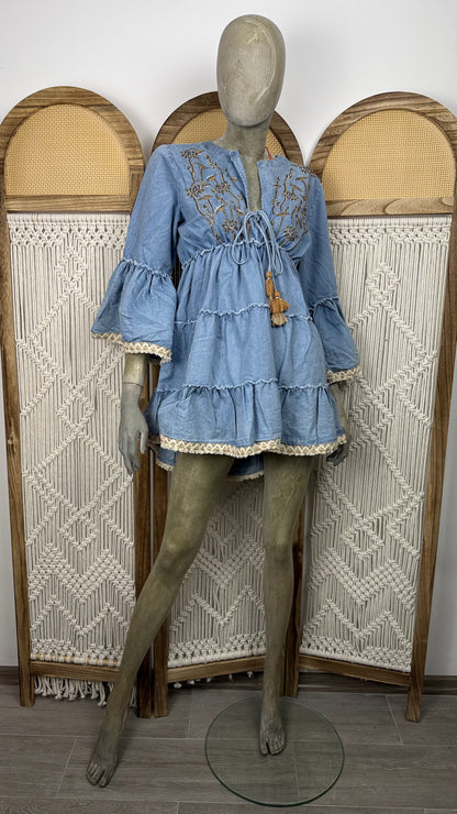 Rochie Scurtă Boho din Bumbac cu Broderie Aurie