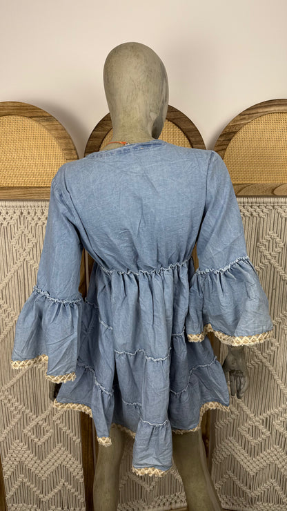 Rochie Scurtă Boho din Bumbac cu Broderie Aurie