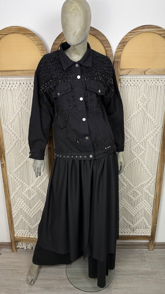 Jacheta neagra denim cu margele si franjuri – model lung