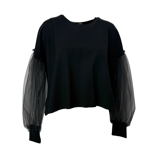 BLUZA NEAGRA DIN CATIFEA SI MANECI DIN TULLE