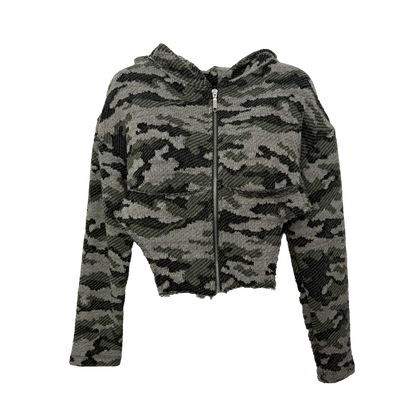 Hanorac Cropped Camo cu Detalii Distressed | O Singură Mărime (S-XL) | Qarma