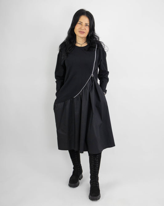 Rochie Neagră Asimetrică cu Fermoar Metalic | Mărime Universală (S-XL) | Qarma