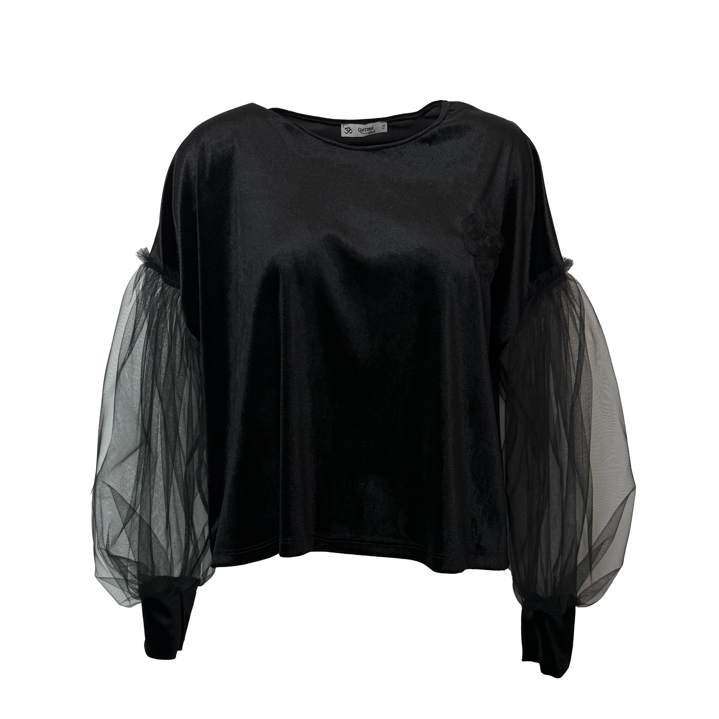 BLUZA NEAGRA DIN CATIFEA SI MANECI DIN TULLE