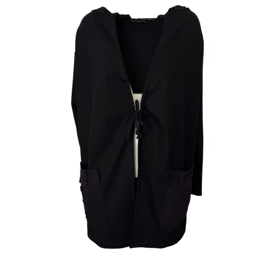 Cardigan negru cu gluga texturata si detalii distressed