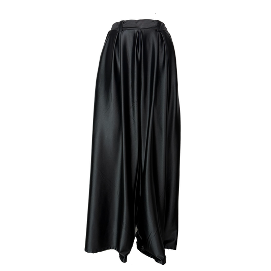 PANTALONI LARGI NEGRI DIN SATIN CU TALIE INALTA
