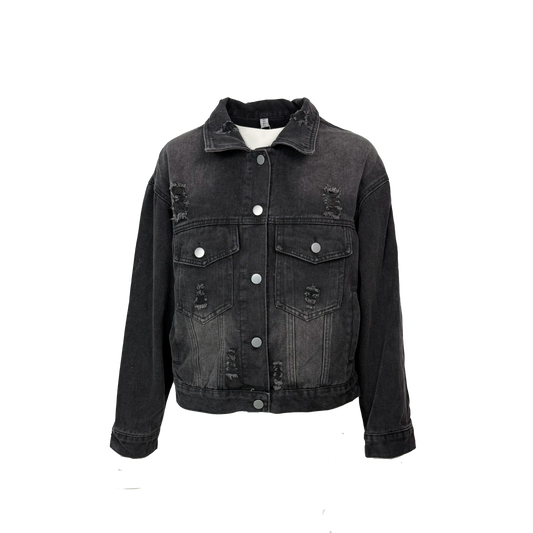 Jacheta denim neagra cu efecte distressed - simpla
