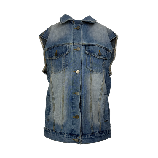 Vesta denim albastra cu buzunare si efect washed - simpla