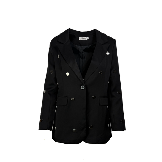 Sacou negru oversized cu aplicatii metalice in forma de inima
