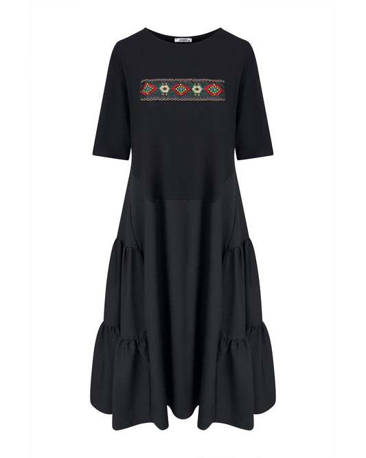 Rochie neagra cu aplicatii si volane laterale - model floral