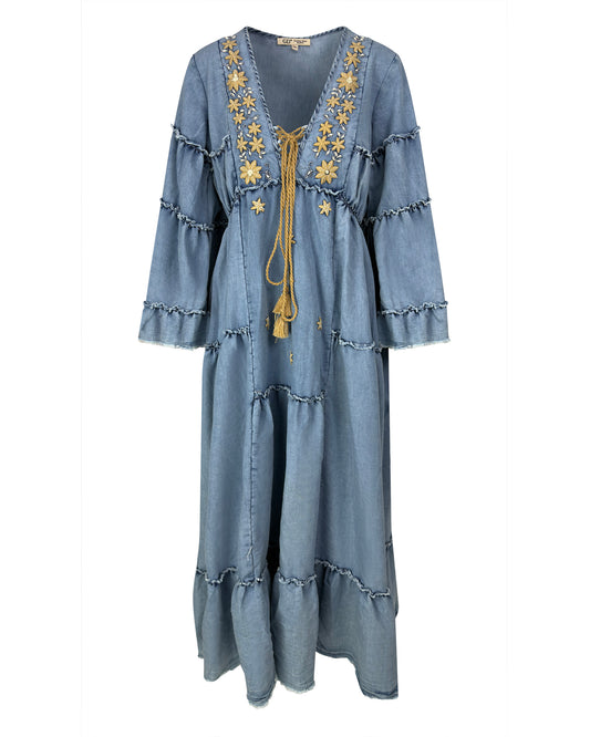 Rochie lunga boho-chic cu volane si broderie florala