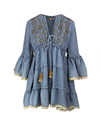 Rochie Scurtă Boho din Bumbac cu Broderie Aurie