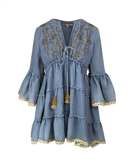 Rochie scurta albastra boho-chic cu broderie si volane