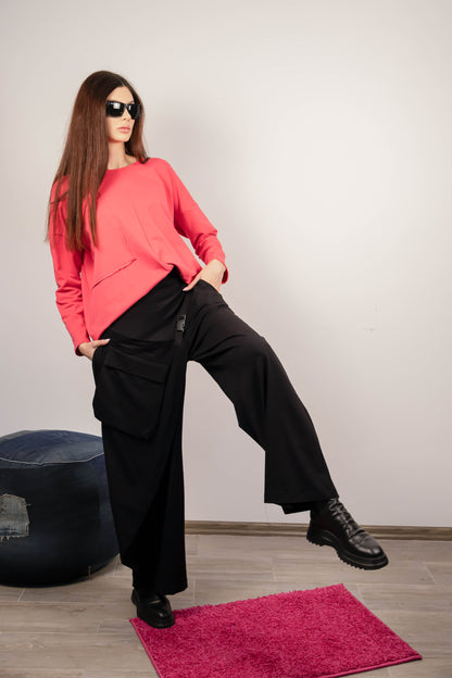 Pantaloni Negri Asimetrici cu Panou Suprapus și Cataramă | Mărime Universală (XS-L) | Qarma