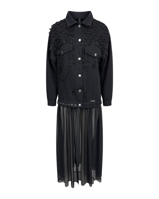 Jacheta denim neagra cu margele si tulle - accesorizata manual
