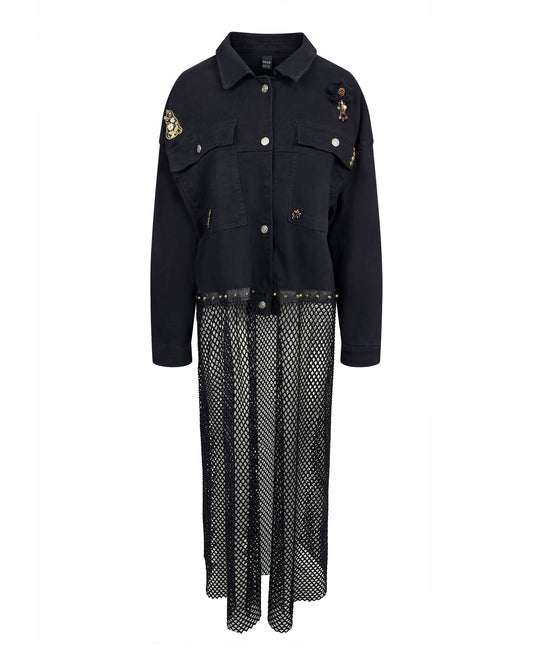 Jacheta denim neagra oversized cu plasa - accesorizata manual