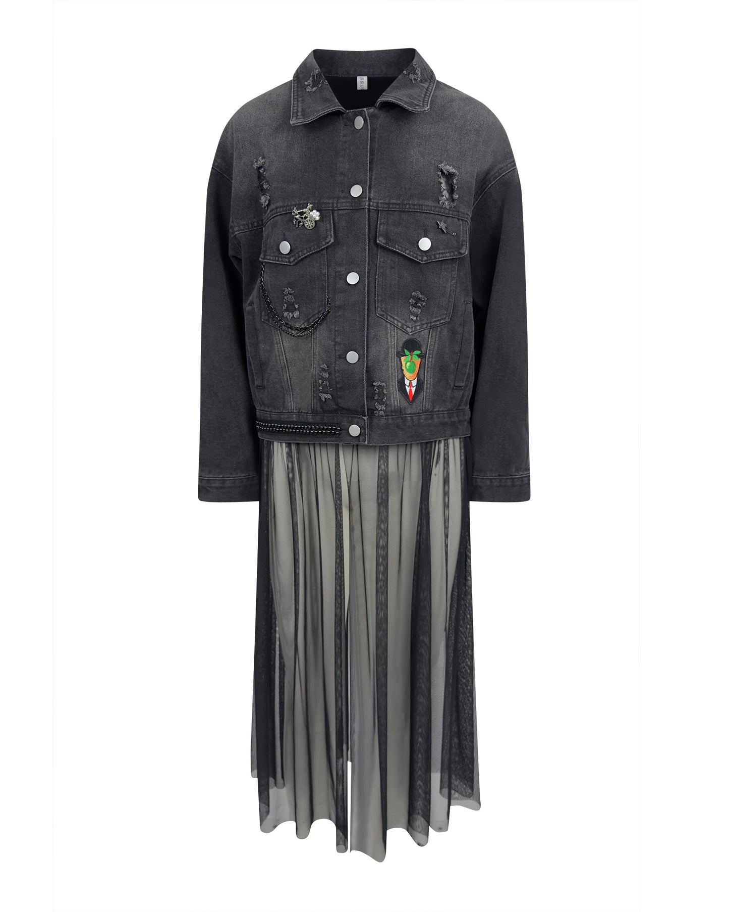Jacheta denim neagra distressed cu tulle - accesorizata manual