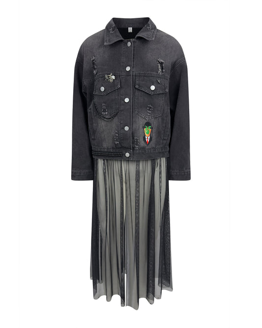 Jacheta denim neagra distressed cu tulle - accesorizata manual