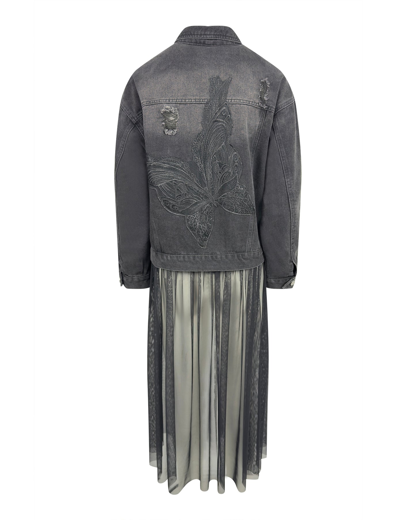 Jacheta denim neagra distressed cu tulle - accesorizata manual