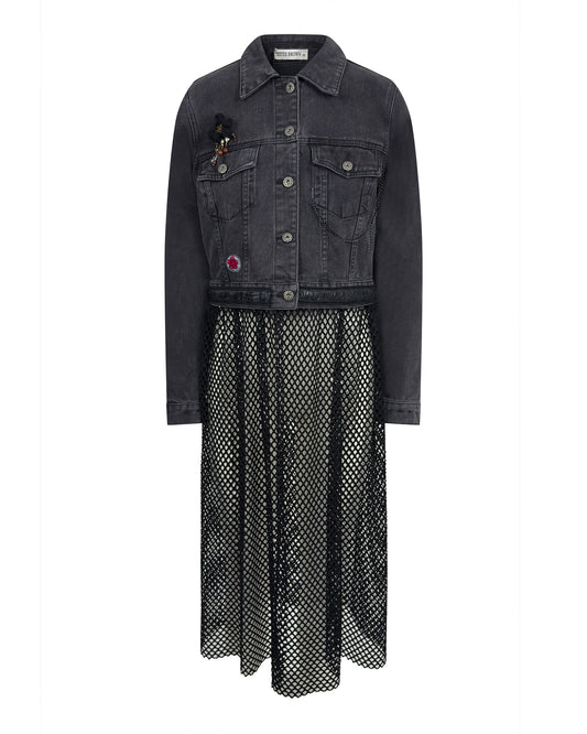 Jacheta denim neagra cu plasa si aplicatie urs - accesorizata manual