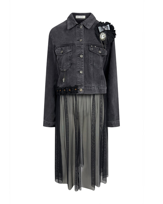 Jacheta denim neagra cu tulle si brosa vintage - accesorizata manual