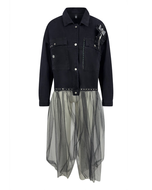 Jacheta denim neagra cu tulle si aplicatii decorative - accesorizata manual