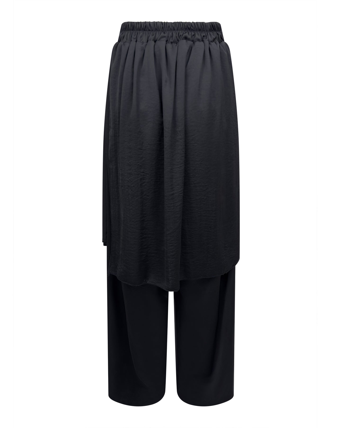 Pantaloni negri largi cu talie elastica si suprapunere tip fusta – material lejer