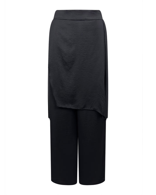 Pantaloni negri largi cu talie elastica si suprapunere tip fusta – material lejer