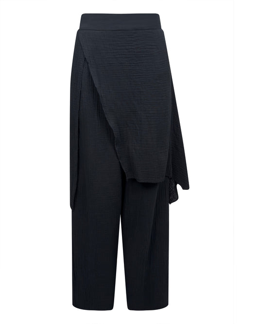 Pantaloni negri largi cu talie elastica si suprapunere tip fusta – bumbac lejer